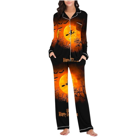 SwiftWear Women's Halloween Magical Witch/Mystical Starry Night Print Pajama Set Cozy Sleepwear & Loungewear Button-Down Top with Pocket Pajamas