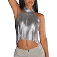 thumbnail image 2 of Laqbezok Women's High Neck Sequin Halter Crop Top, Backless Metallic Mesh Rave Tank, Shiny Club Party Outfit, 2 of 5