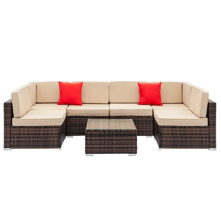 6 Seater Rattan Garden Furniture Set UBesGoo 7pcs Outdoor Patio Garden PE Rattan Furniture Rattan Wicker Sofa Set with Beige Cushions ()