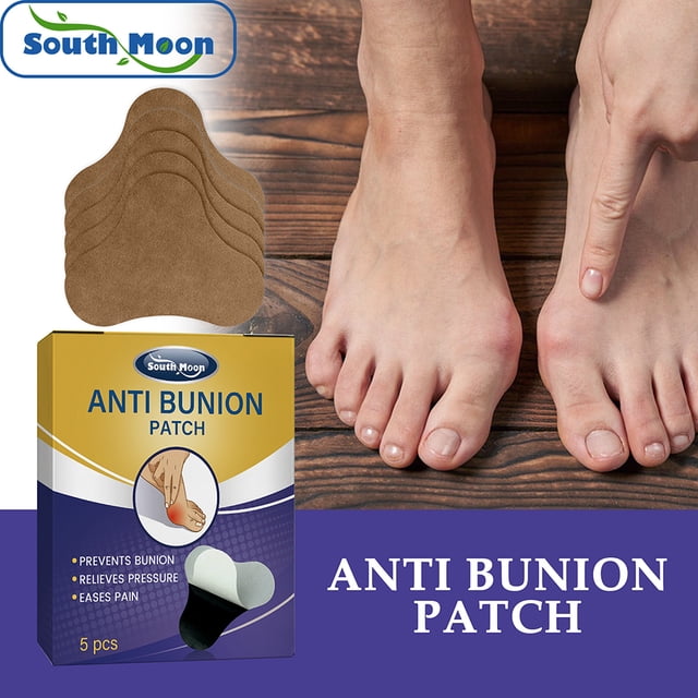 parche para juanetes de 5 uds. parche para gota saludable y seguro que promueve la circulación para el tratamiento corporal caja de 5 parches para pie marrón; vista frontal centrada de la caja "Anti Bunion Patch", cinco parches marrón claro en forma de lágrima apilados arriba a la izquierda y pies descalzos con un dedo señalando el juanete sobre fondo de madera; muestra textura textil del parche y la apertura de la caja. A menudo usado también para proteger zonas con ampollas durante viajes.