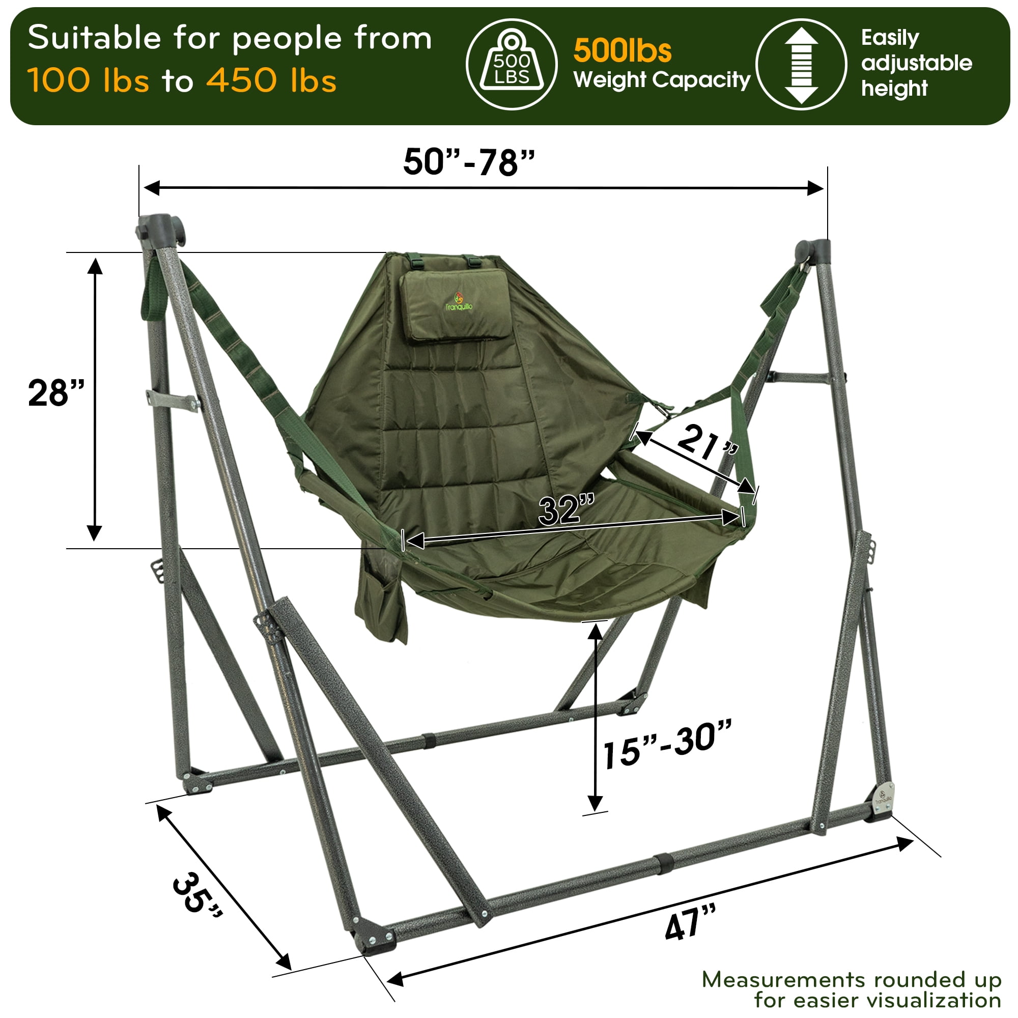 Tranquillo 2 in 1 Hammock and Swinging Chair with Collapsible Steel Stand & Carrying Case, Portable & Adjustable, 30s Set Up for Outdoor, Indoor, Porch Swing, Patio, Garden, Camping Trip, Green