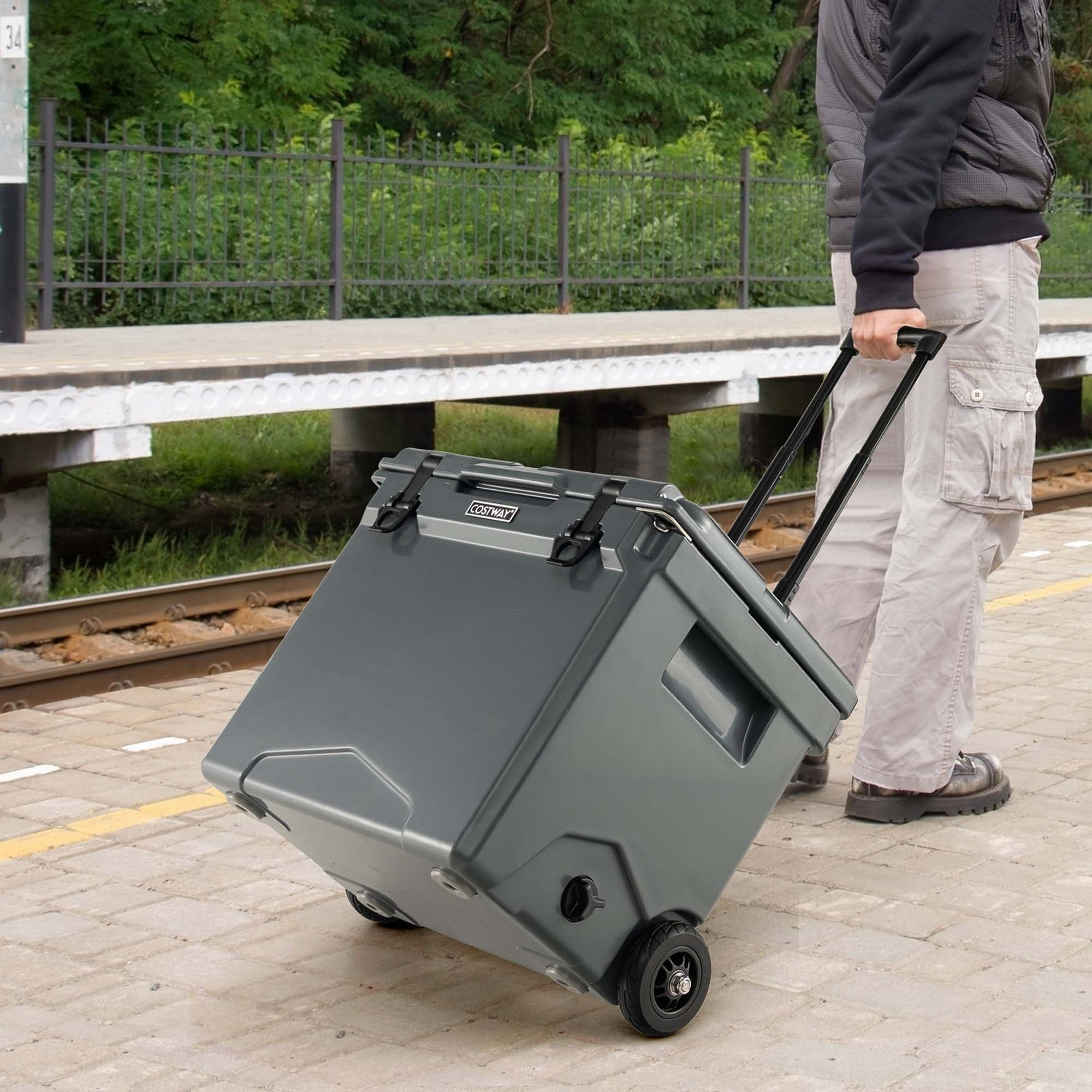 Costway 42 Qt Portable Cooler Roto Molded Ice Chest Insulated 5-7 Days with wheels Handle Charcoal