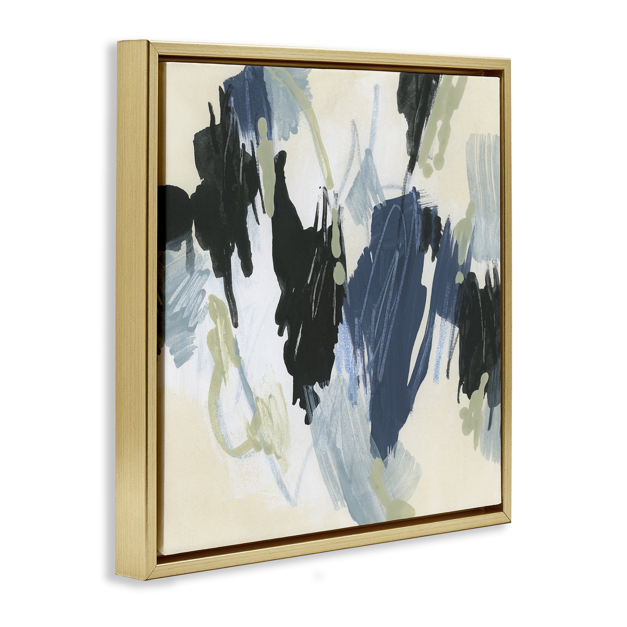 Stupell Industries Blue & Neutral Abstraction Abstract Painting Gold Floater Framed Canvas Art Print Wall Art, 18 x 18
