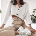 thumbnail image 2 of Women V Neck Short Knitted Sweaters Cardigan Open Stitch Long Sleeve Tops, 2 of 5
