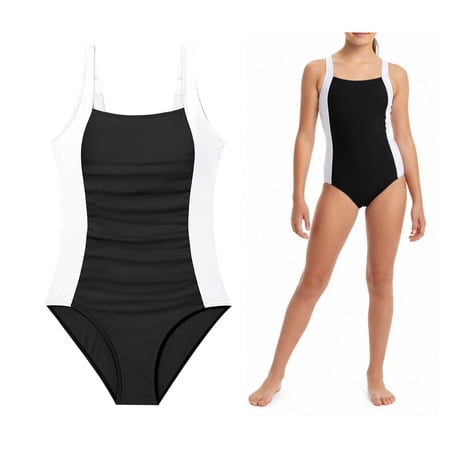 Girl Swimsuits Ruched 1 Piece Bathing Suit Quick Dry Beach Swimwear Color Block Athletic Girls Swimwear 15-16 Years