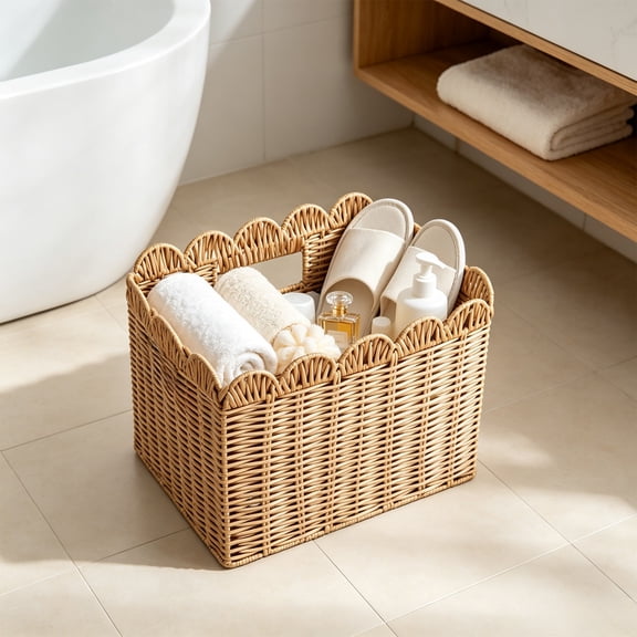 Bklubk Scalloped Rattan Woven Storage Basket Handled Organizer Bin