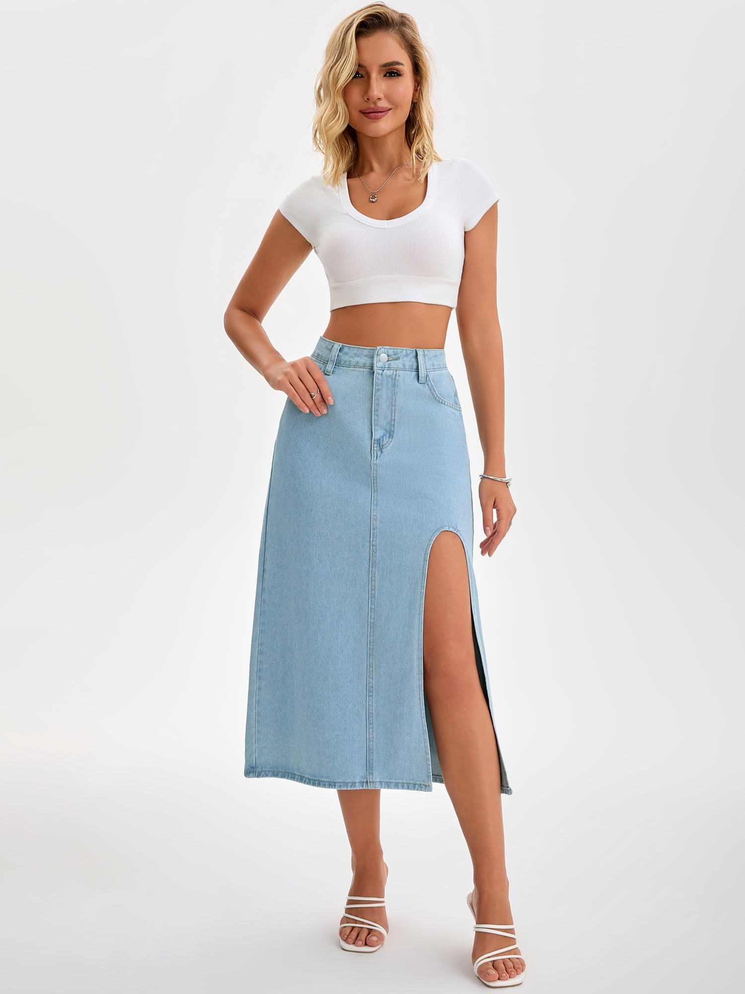 DARING DIVA Women's Long Denim Spring Slit Midi Jean Skirts Large Light Blue