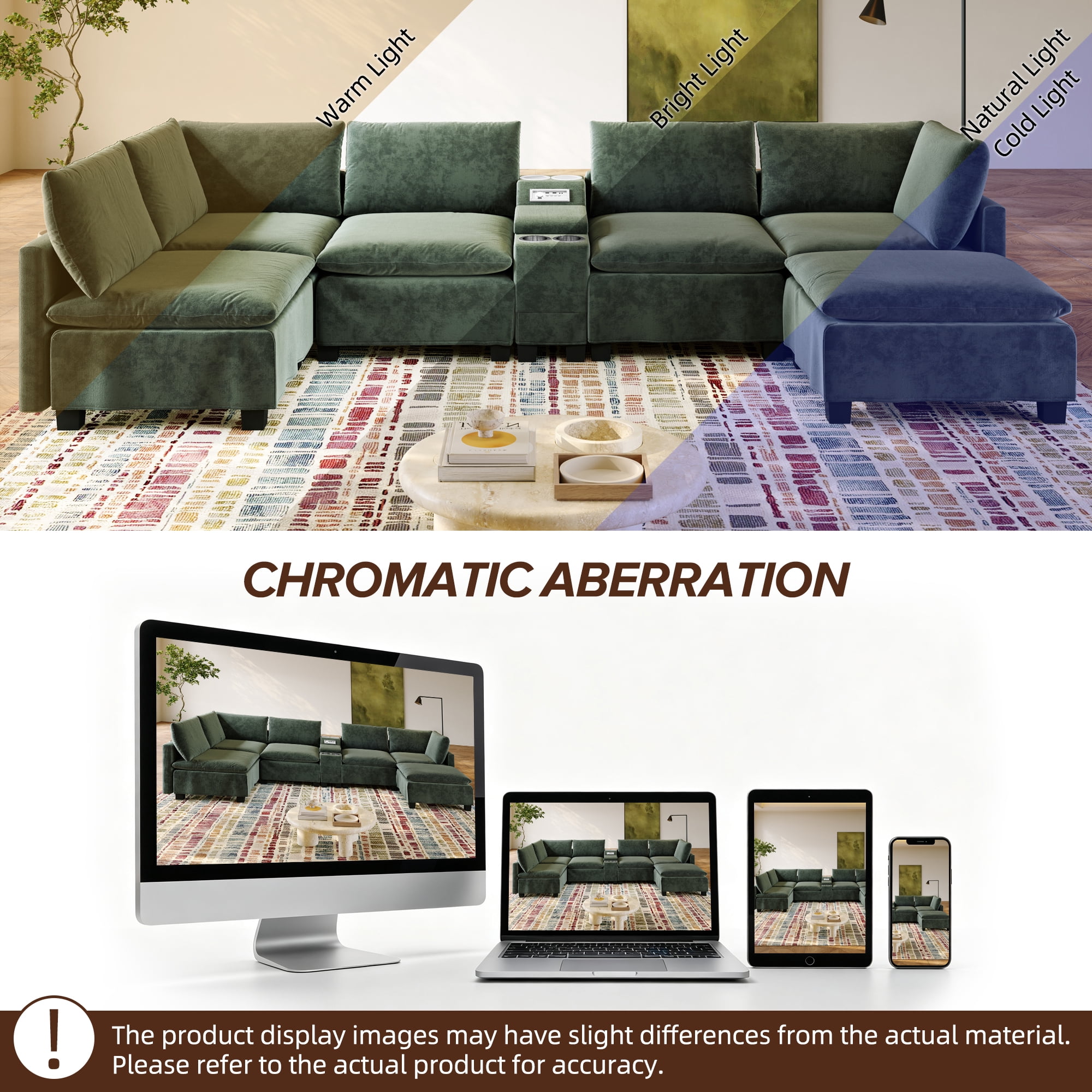 Howcool 121.2" Modular U-Shaped Sectional Sofa, 6-Seat Cloud Couch with Movable Ottoman, Convertible Sofa Bed, Chenille Couch with USB Charging, Cup Holders & Bluetooth Speaker for Living Room, Green