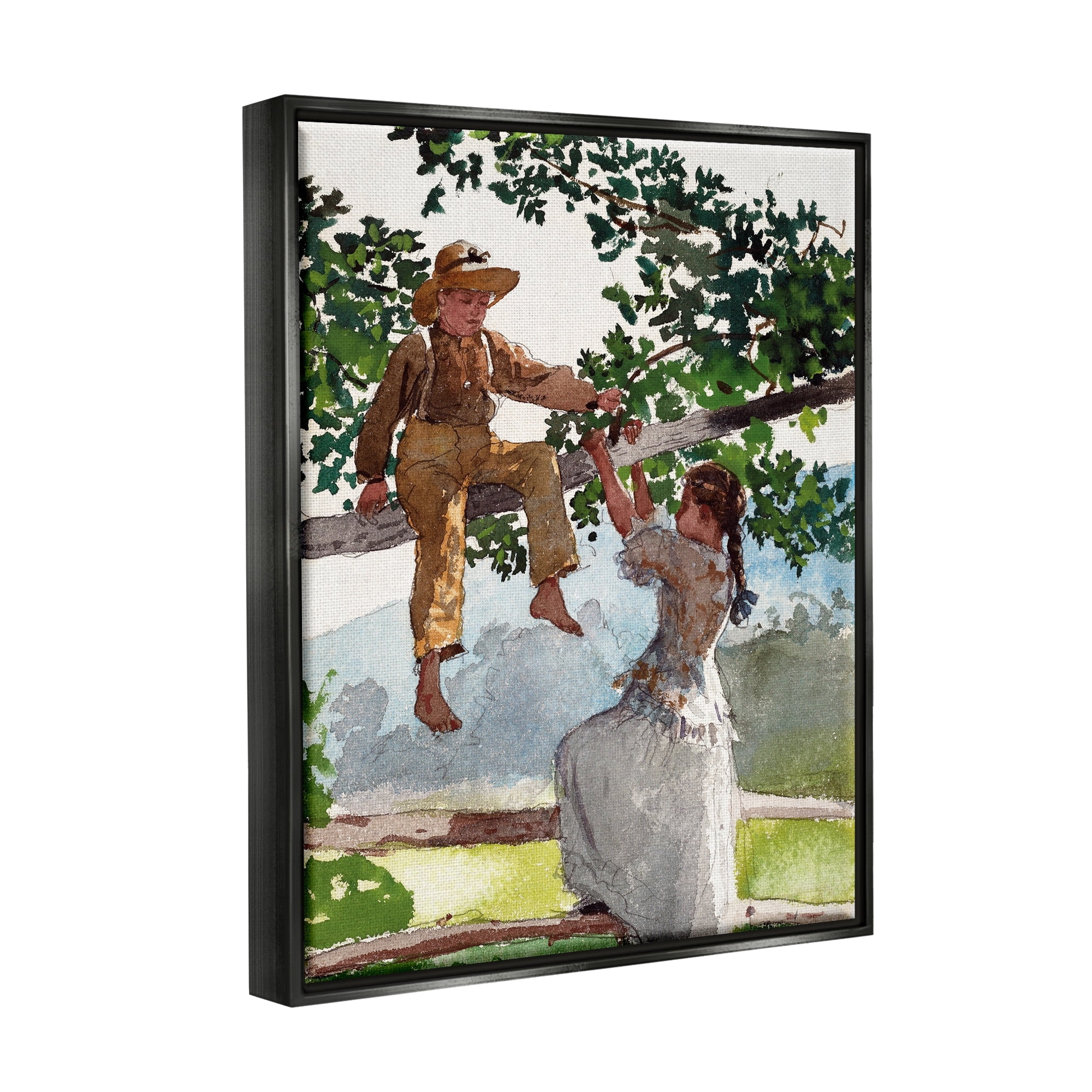 Stupell Industries Children Playing Climbing Tree Traditional Clothing Painting Metallic Gold Floating Framed Canvas Print Wall Art, Design by Lettered and Lined