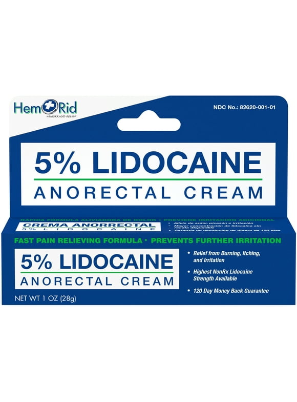 HemRid Maximum Strength Lidocaine Cream for Pain Relief. Fast-Acting Hemorrhoid Treatment Cream with 5% Lidocaine.