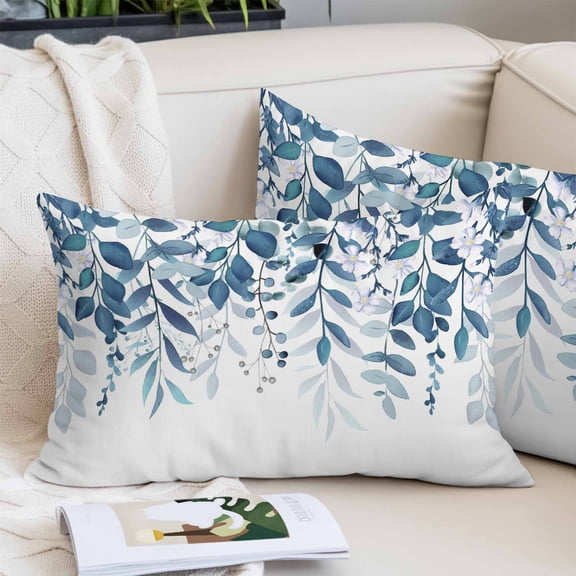 Blue Leaves Pillow Covers 16"x24", Summer Botanical Soft Brushed Microfiber Breathable Throw Pillow Covers, Pillowcase with Zipper for Couch Sofa Bedroom Living Room