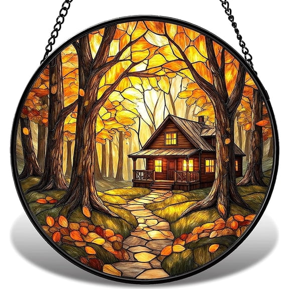 Stained Glass Suncatcher for Window Hanging, Autumn Farm Sun Catcher with Turkey for Window Decoration, Harvest Barn Wall Glass Art Decor Gift for Thanksgiving, Christmas T07 (6.3IN)