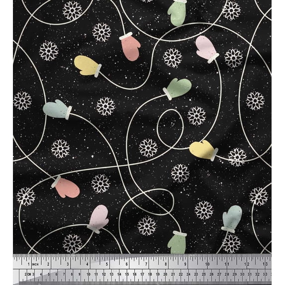 Soimoi Black Cotton Voile Fabric Mandala & Gloves Kids Print Fabric by the Yard 42 Inch Wide
