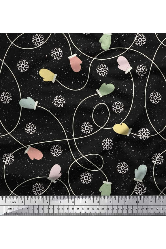 Black Poly Georgette Fabric Mandala & Gloves Kids Print Sewing Fabric Yard 42 Inch Wide