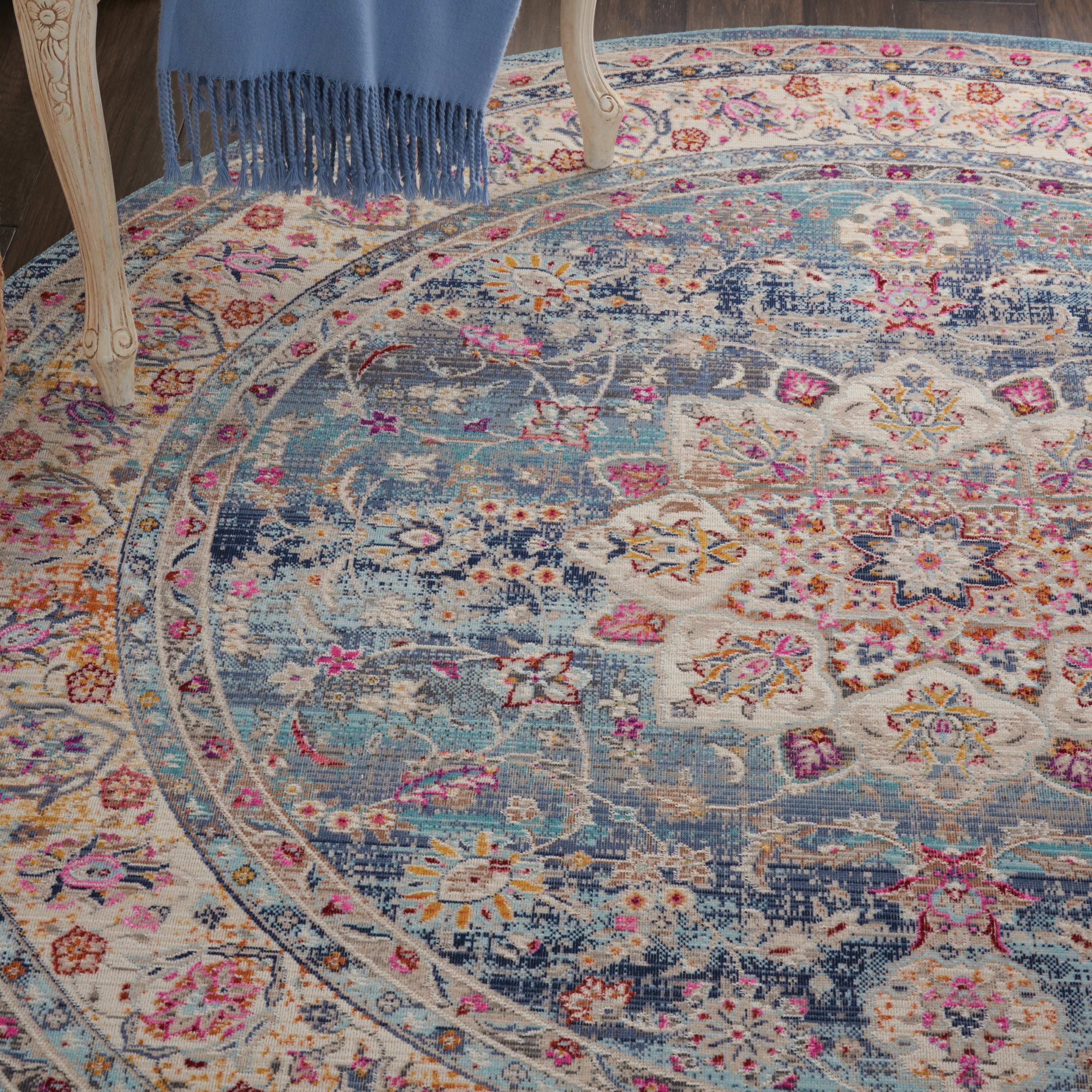 Nourison Vintage Kashan Transitional Boho Blue 4' x ROUND Area Rug, (4