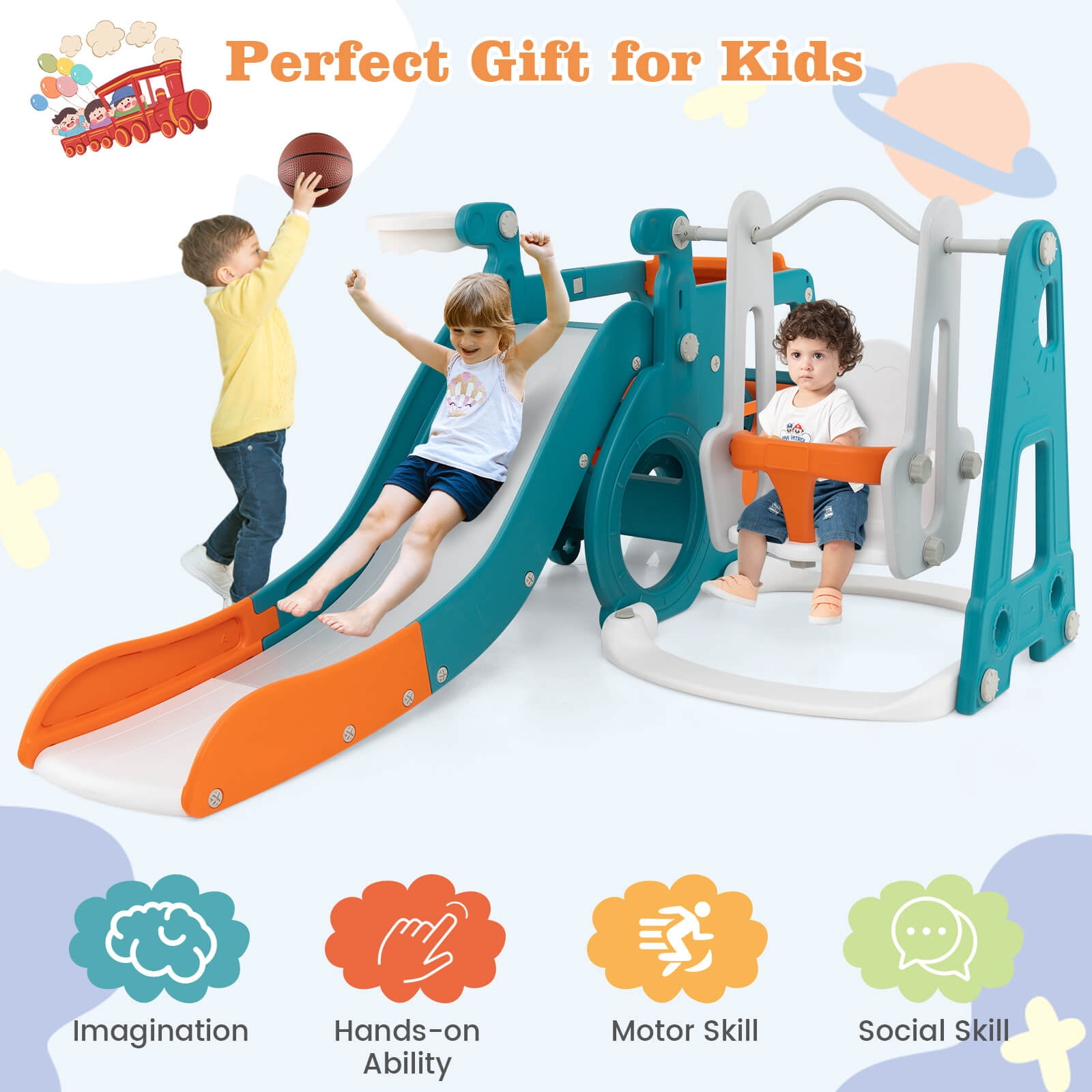 Infans 5-in-1 Toddler Slide Set w/ Basketball Hoop and Swing Baby Slide Playset Indoor