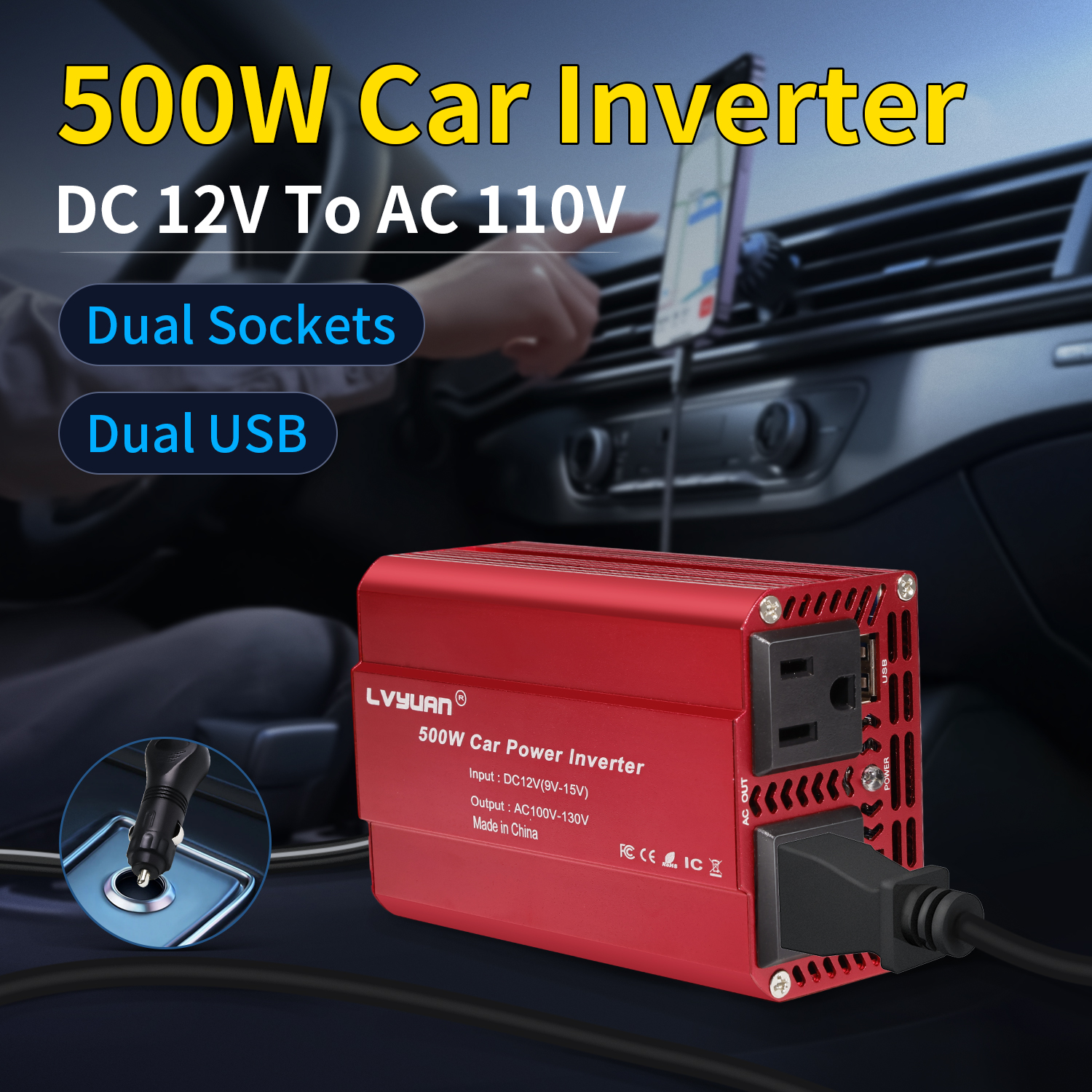 EFFORTWAY 500 Watts Power Inverter Car Converter DC 12V to AC 110V 120V Adapter Battery Charger for Car 2AC 2USB Red