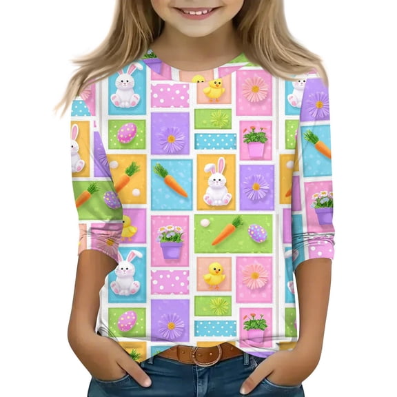 YOUYEDIAN Easter Girls 3/4 Length Sleeve Shirts Funny Bunny Graphic Tee Tops 2026 Festival Cute Cotton T-Shirt Outfits (Purple, 13-14 Years)