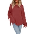 thumbnail image 2 of Seyurigaoka Women Knit Pullover Long Sleeve Tassel Blouse Tops Plus Size Casual Solid Color Round Neck Fringed Sweater, 2 of 5