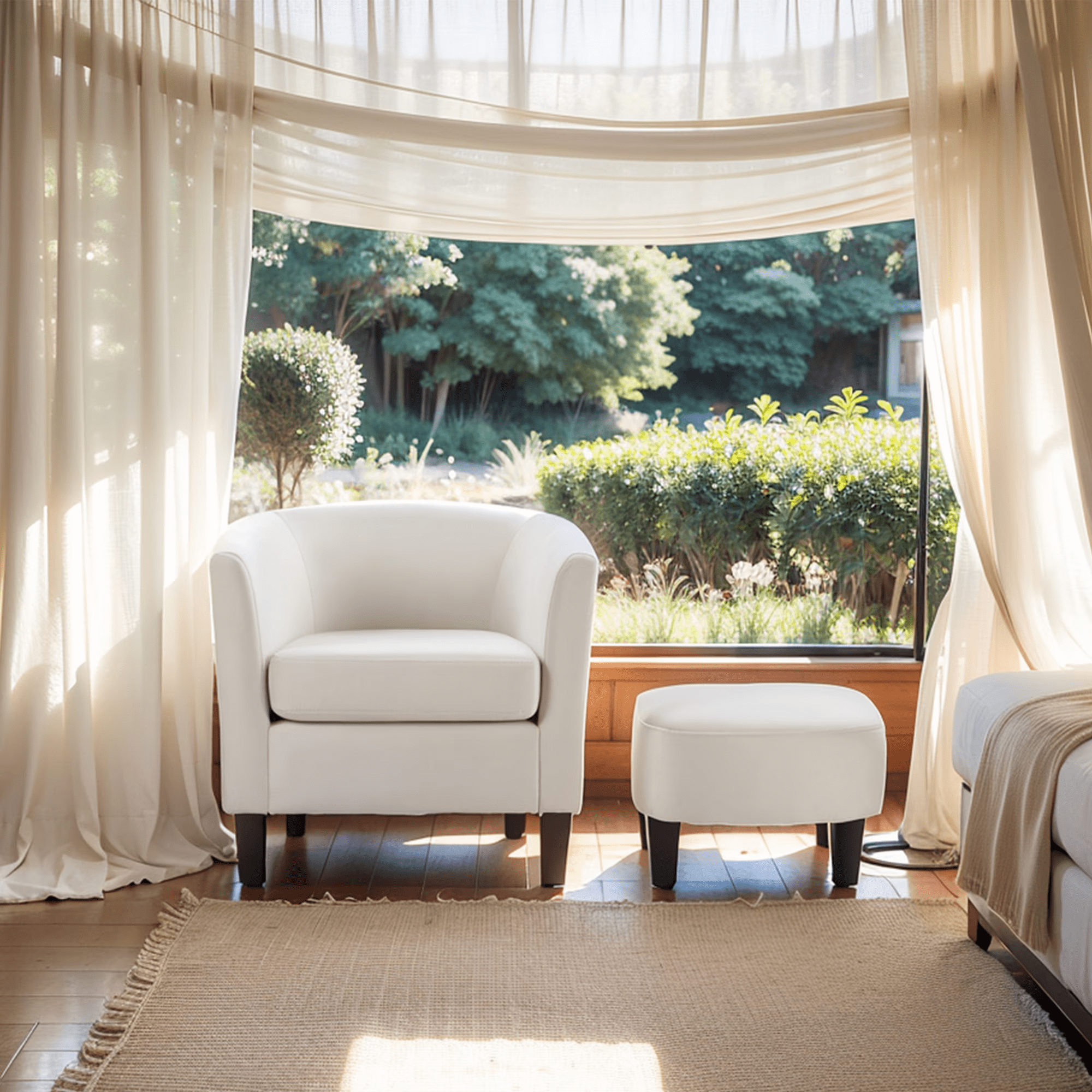 Accent Barrel Chair with Ottoman, Modern Club Chair Comfy Reading Armchair with Footrest for Living Room, White
