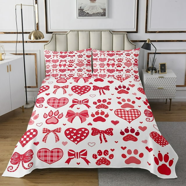 Erosebridal Princess Bowknot Coverlet Set King, Cartoon Heart Bedding Set, Animals Paw Decor 3pcs