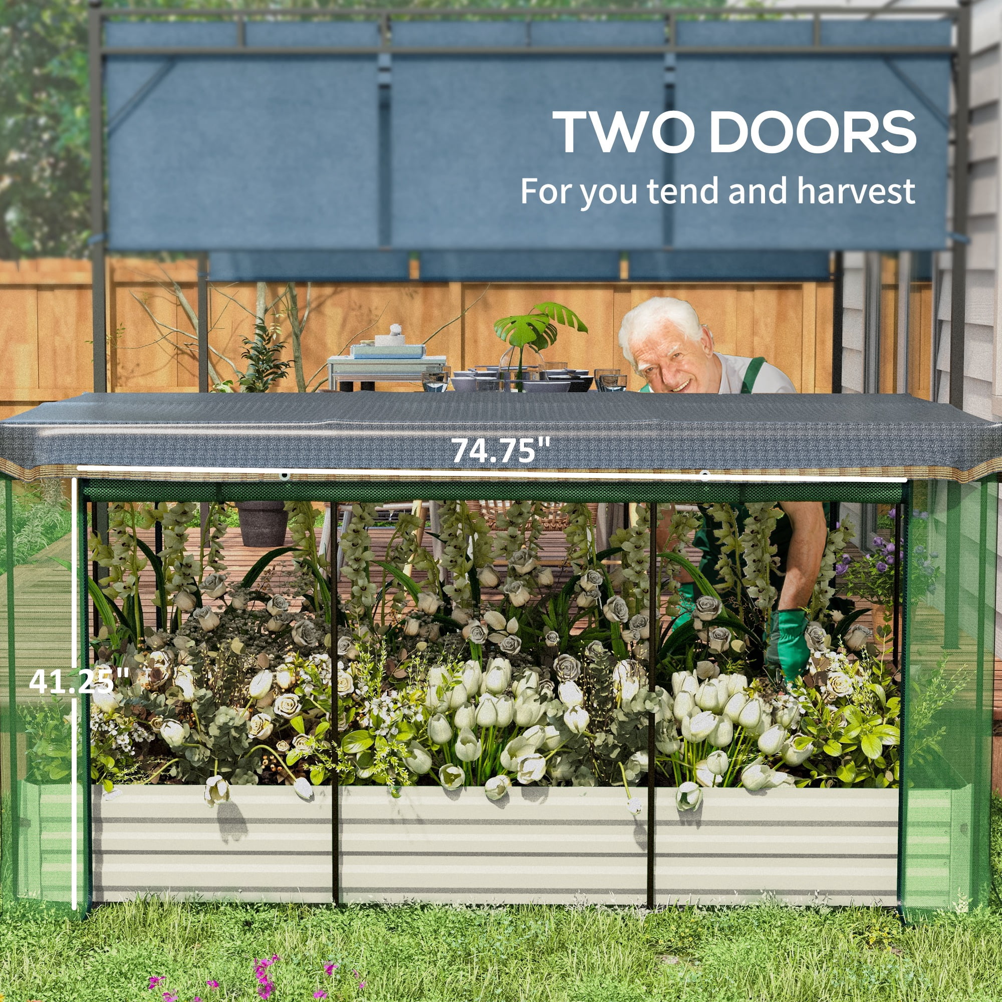 Outsunny Galvanized Raised Garden Bed with Crop Cage & Shade Cloth, Beige