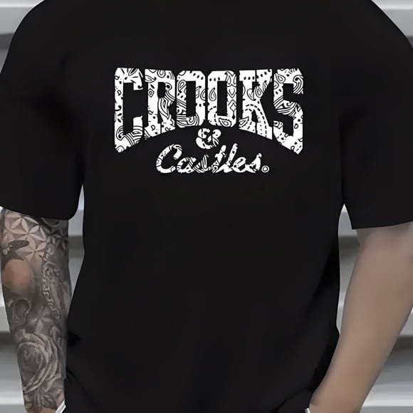 Men's Heavyweight Vintage T-Shirt / Oversized Relaxed Fit with Crooks & Castles Print, Dropped Shoulder Sleeves & Round Neck / All-Season Casual Streetwear Tee for Casual Attire (Black with White