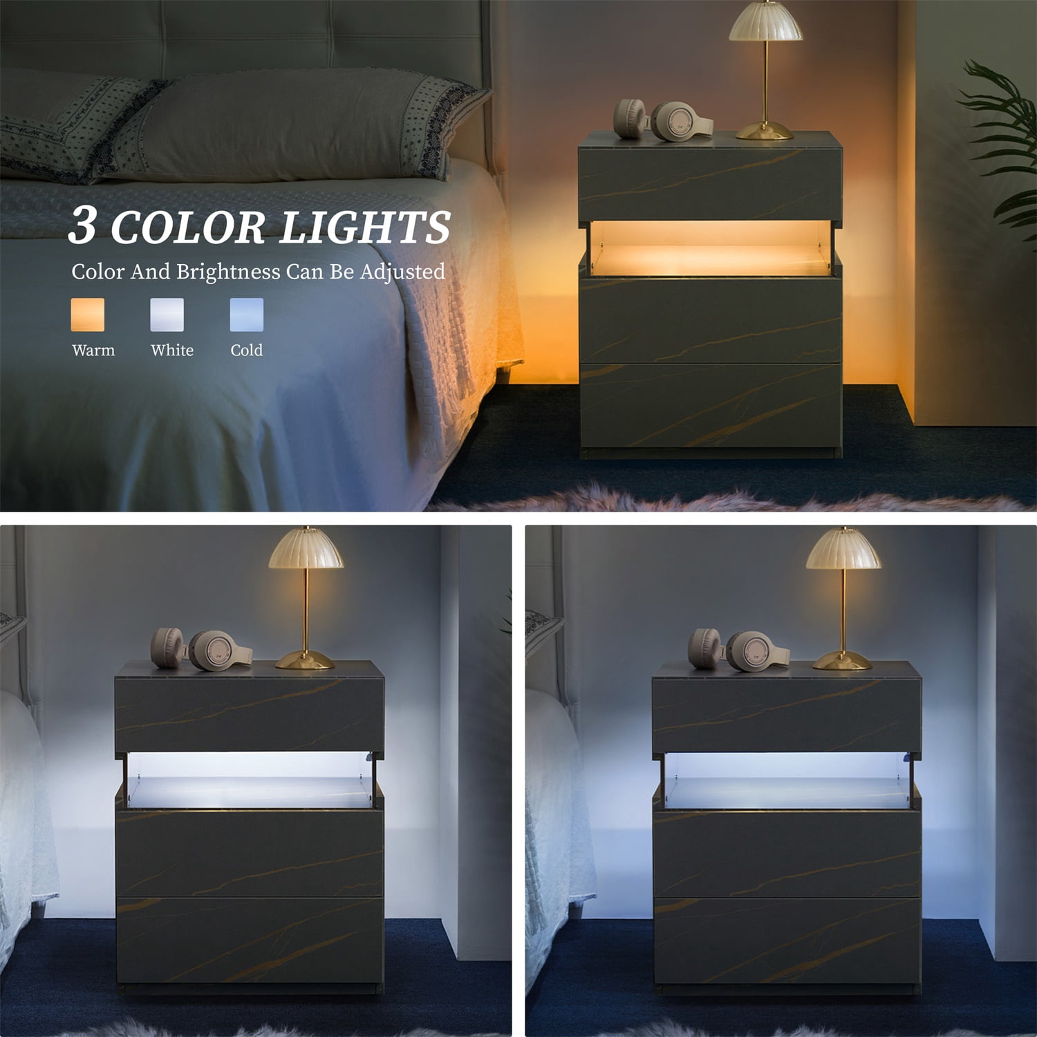 Hommoo 3 Drawer Dresser LED Nightstands, End Table Bedside Tables for Bedroom, Living Room, Gray Gold