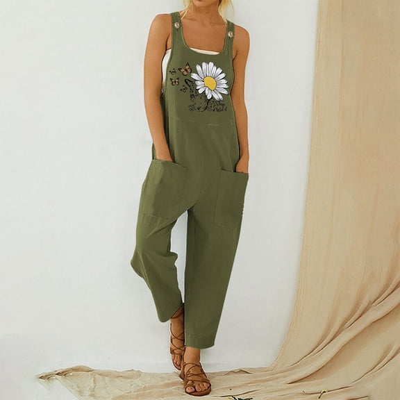 Conairie Overalls For Women Flower Print Casual Sleeveless Long Romper Wide Leg Pants With Pockets Army Green L