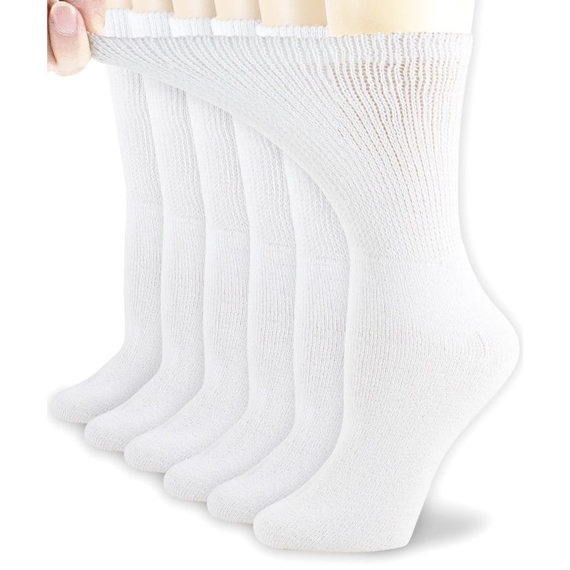 NevEND Womens Diabetic Cotton Crew Socks White 6 Pairs 9-11