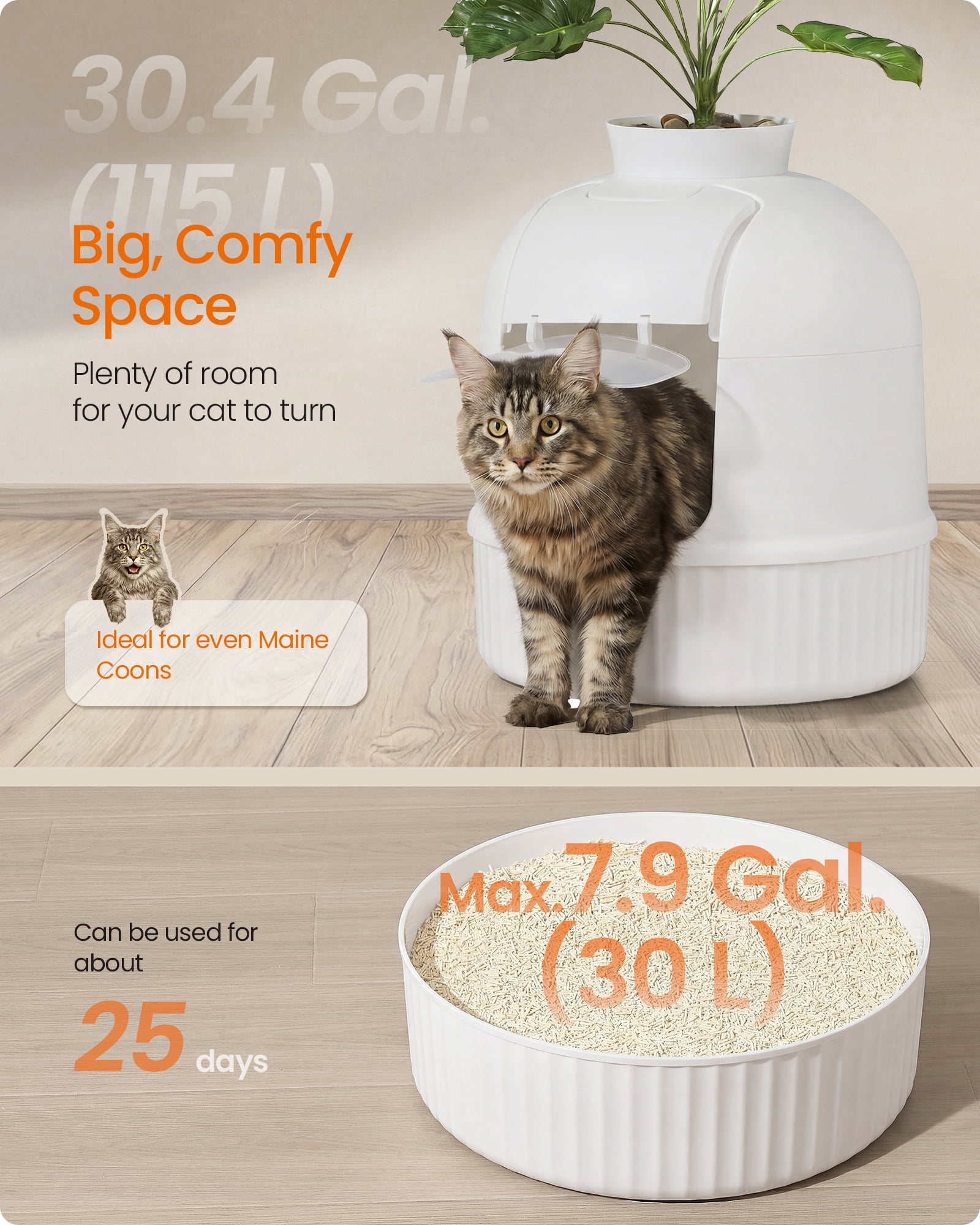 Feandrea Plant Cat Litter Box Enclosure with Artificial Plant, Enclosed Hidden Litter Box Furniture with Door, Carbon Filter, Cloud White