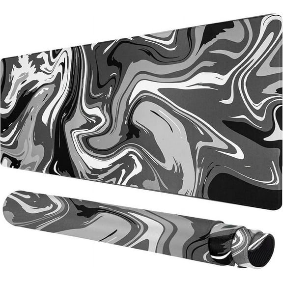 Large Gaming Mouse Pad - Black and White Mouse Pad with Stitched Edges, Extended XL Mousepad with Anti-Slip Rubber Base, Ink Liquid Wave Desk Mat for Keyboard and Mouse(31.5x15.8 inch)