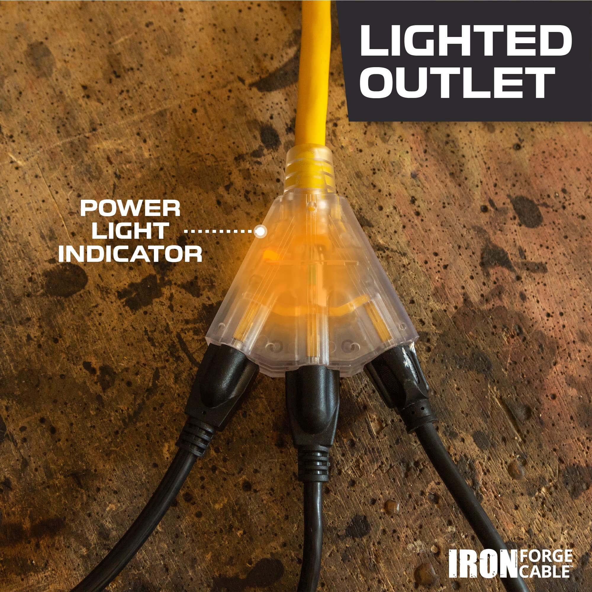 Iron Forge Cable 3ft Lighted Outdoor GFCI Extension Cord with 3 Electrical Power Outlets - 12/3 Yellow Heavy Duty Extension Cord with Multiple Outlets