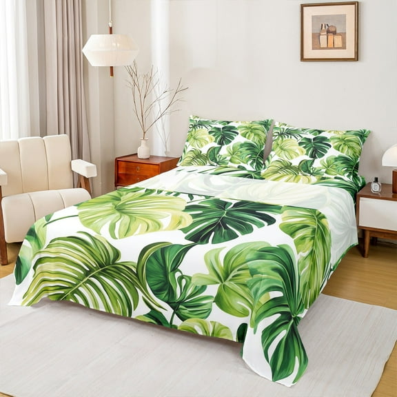 Manfei Tropical Monstera Leaf Twin Sheet Sets,Natural Theme Twin Fitted Sheet,Green White Flat Sheet For Teens,Microfiber Bedroom Decor,3 Pieces
