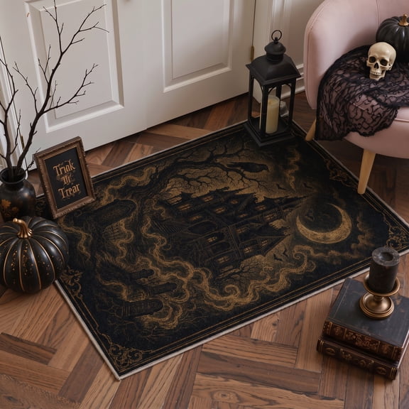 GENIMO 2'x3' Halloween Doormat, Washable Non Slip Soft Gothic Castle Outdoor Door Mat for Front Door Covered Porch Patio Entryway, Antique Gold