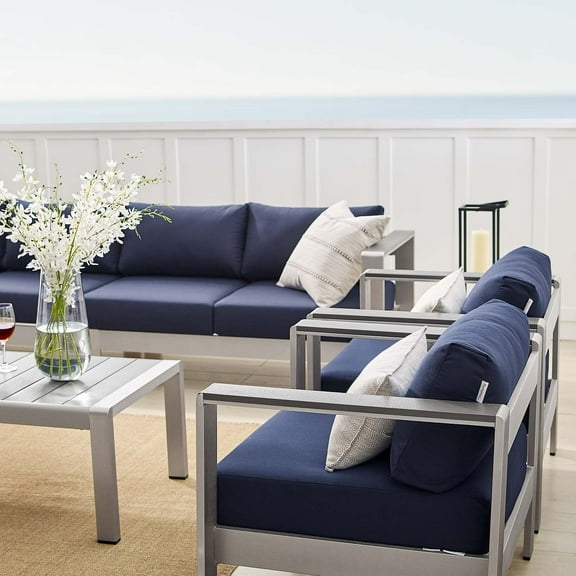 Modway Shore Sunbrella® Fabric Outdoor Patio Aluminum 7 Piece Sectional Sofa Set in Silver Navy