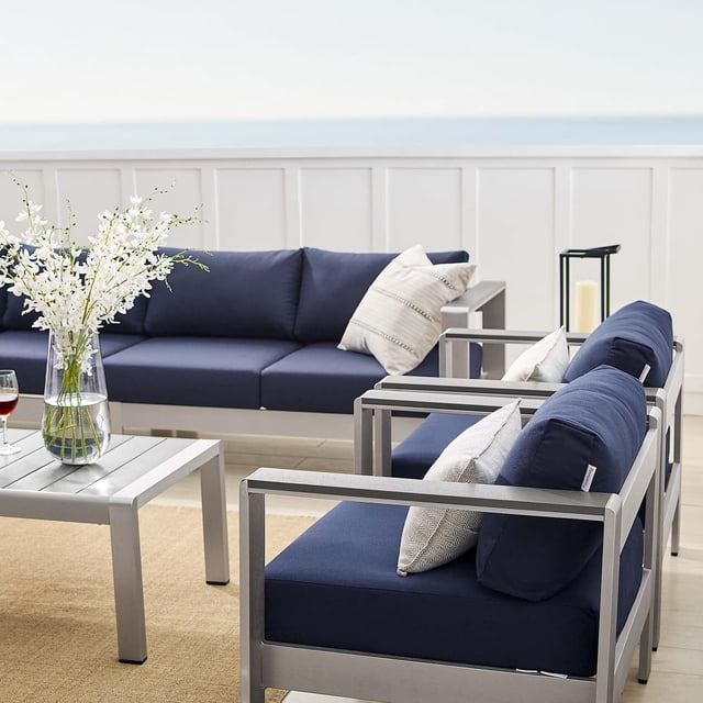 Modway Shore 7-Piece Fabric/Aluminum Patio Sectional Sofa Set in Navy/Silver