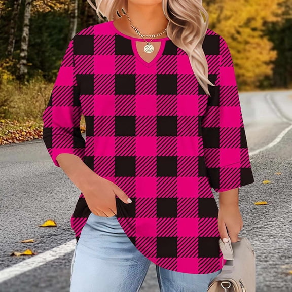 Ounisa Womens Plus Size 3/4 Sleeve T Shirts Crew Neck Chest Cutout All Over Print Casual Basic Layering Tops For Spring Summer L-5XL
