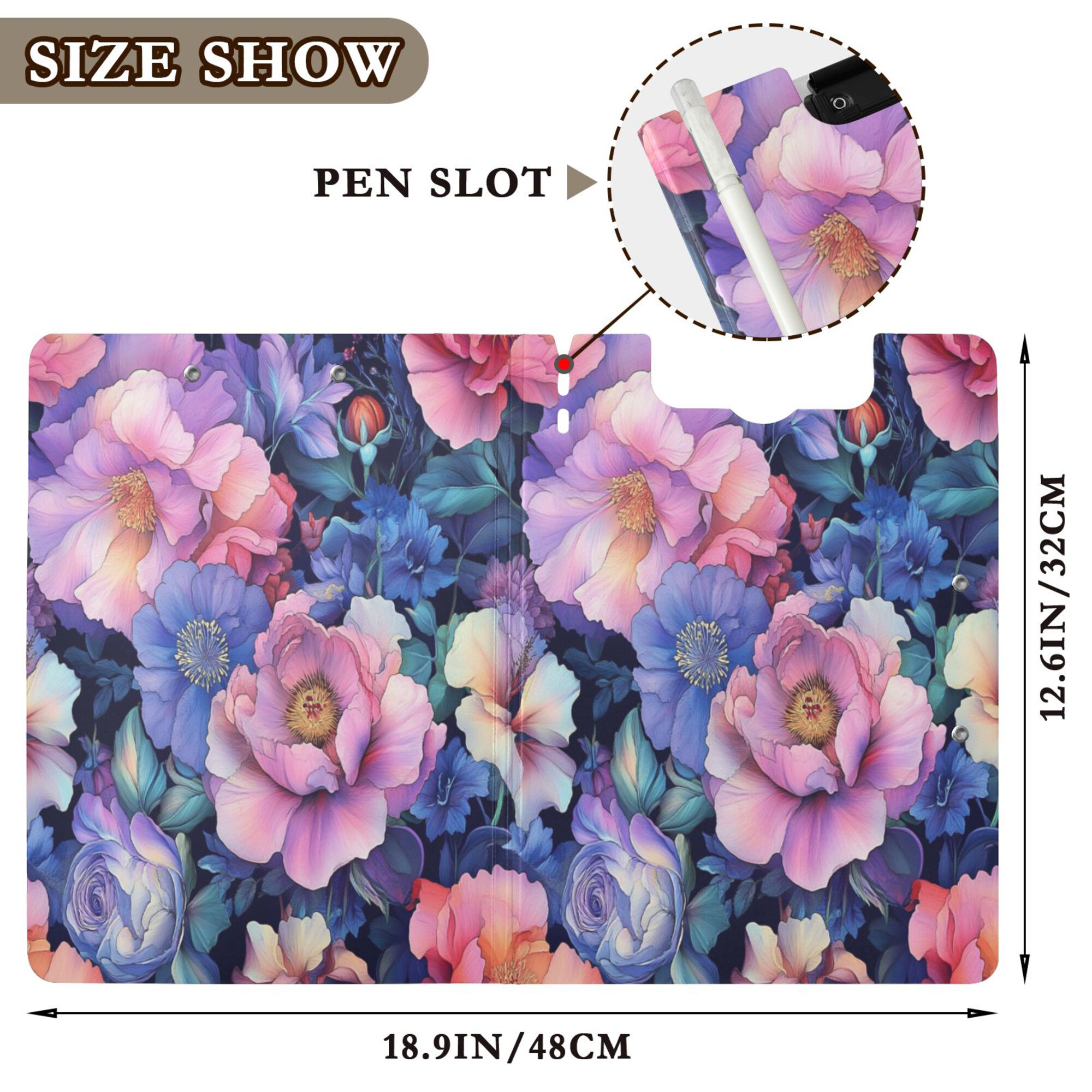 FORMRS A4 Clipboard Folder with Pen Holder Horizontal Foldable School Office Binder, Colorful Art Flowers