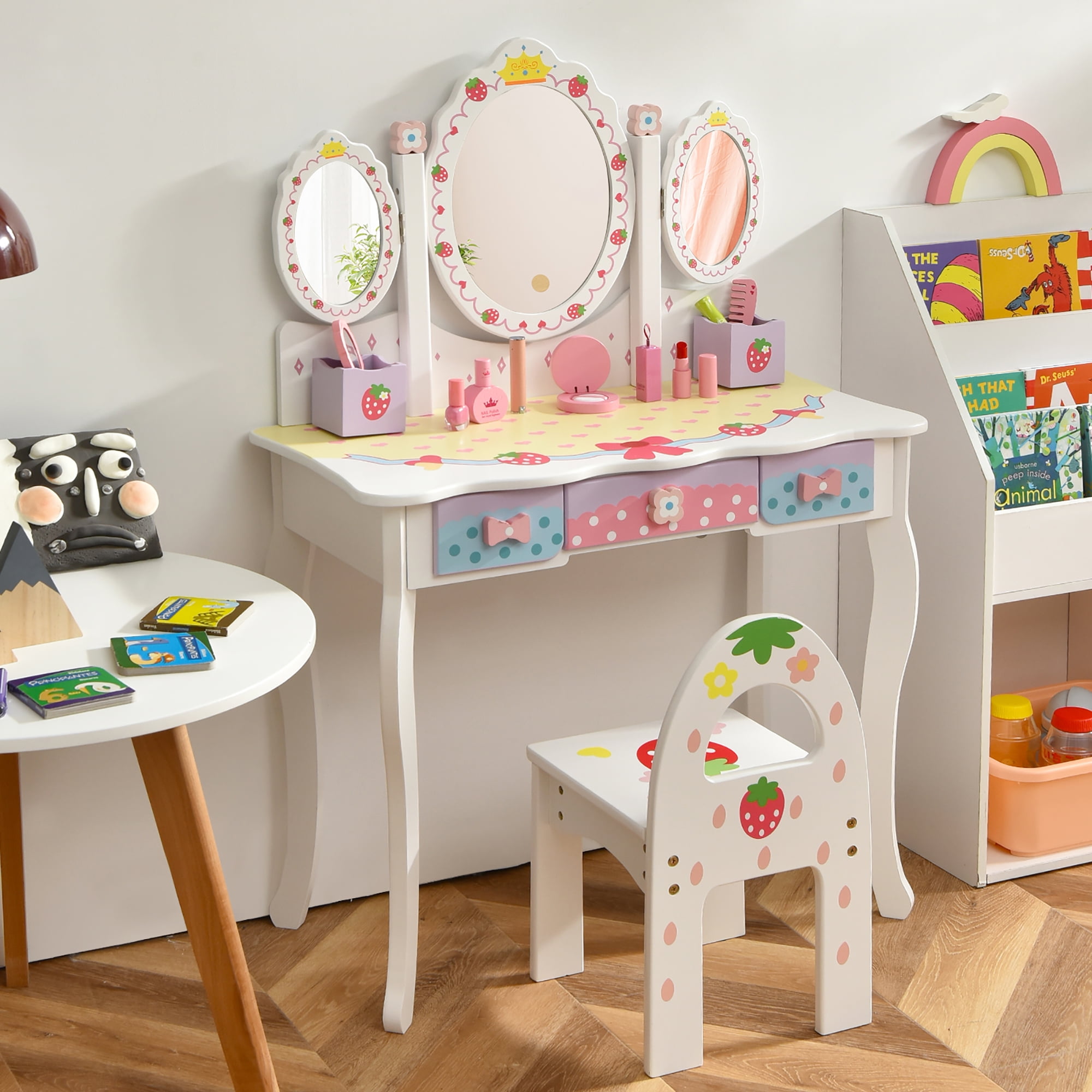 Kids Vanity Princess Makeup Dressing Table Chair Set with Tri fold Mirror White costway