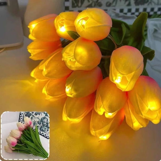 Decoración del hogar, decoración de habitaciones, decoración de paredes, flores artificiales con tulipanes y luces LED brillantes, luces nocturnas ambientales, decoración de dormitorio, luces de tulip