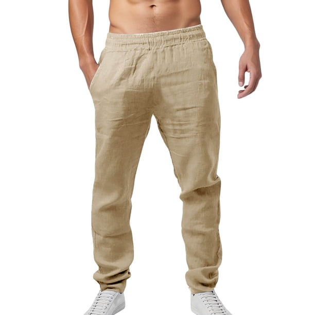Pantalones de lino para hombre ligeros de verano: cintura elástica con cordón, pantalones informales de playa, poliéster, tallas S-XXXL para yoga y vacaciones