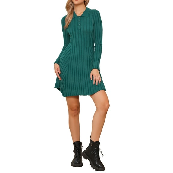 INSPIRE CHIC Pleated Sweater Dress for Women's Casual Long Sleeve Knit Shirt Dress XS Dark Green