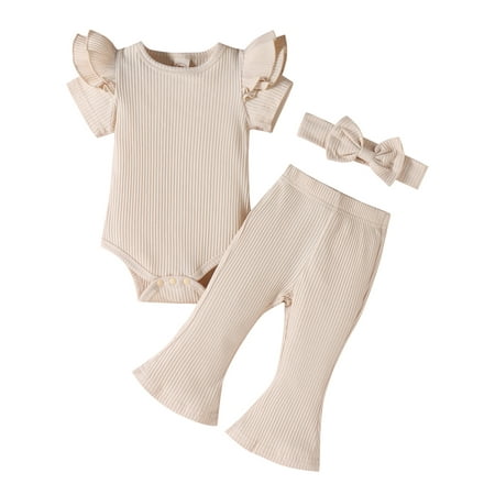 

Sunisery Newborn Baby Girls 3PCS Outfit Set Solid Short Sleeve Jumpsuit Bell-bottomed Pants Headband Clothes Beige 9-12 Months