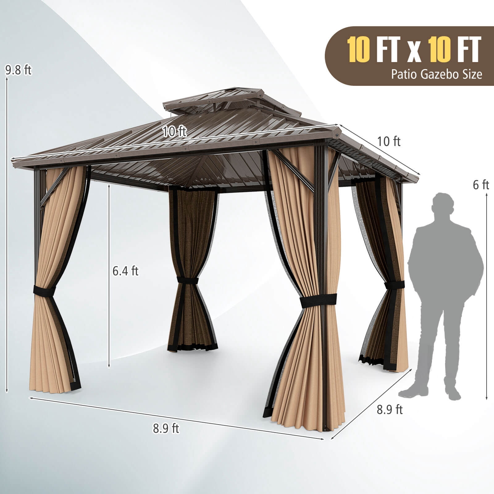 Costway 10 x 10 FT Hardtop Gazebo with Netting Heavy-Duty Double-Roof Galvanized Metal Top