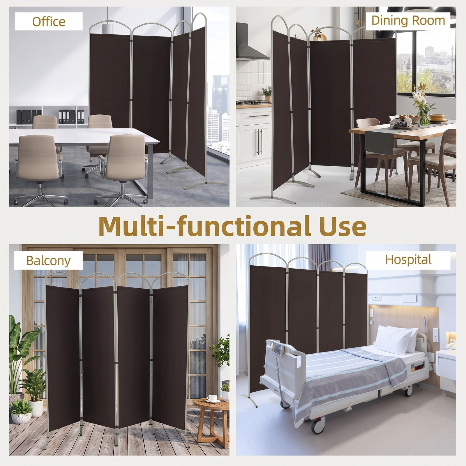 ALPULON 6.2Ft Folding 4-Panel Room Divider Freestanding Privacy Screen Partition for Home Office Living Room Bedroom, Polyester Fabric with Metal Base, Brown