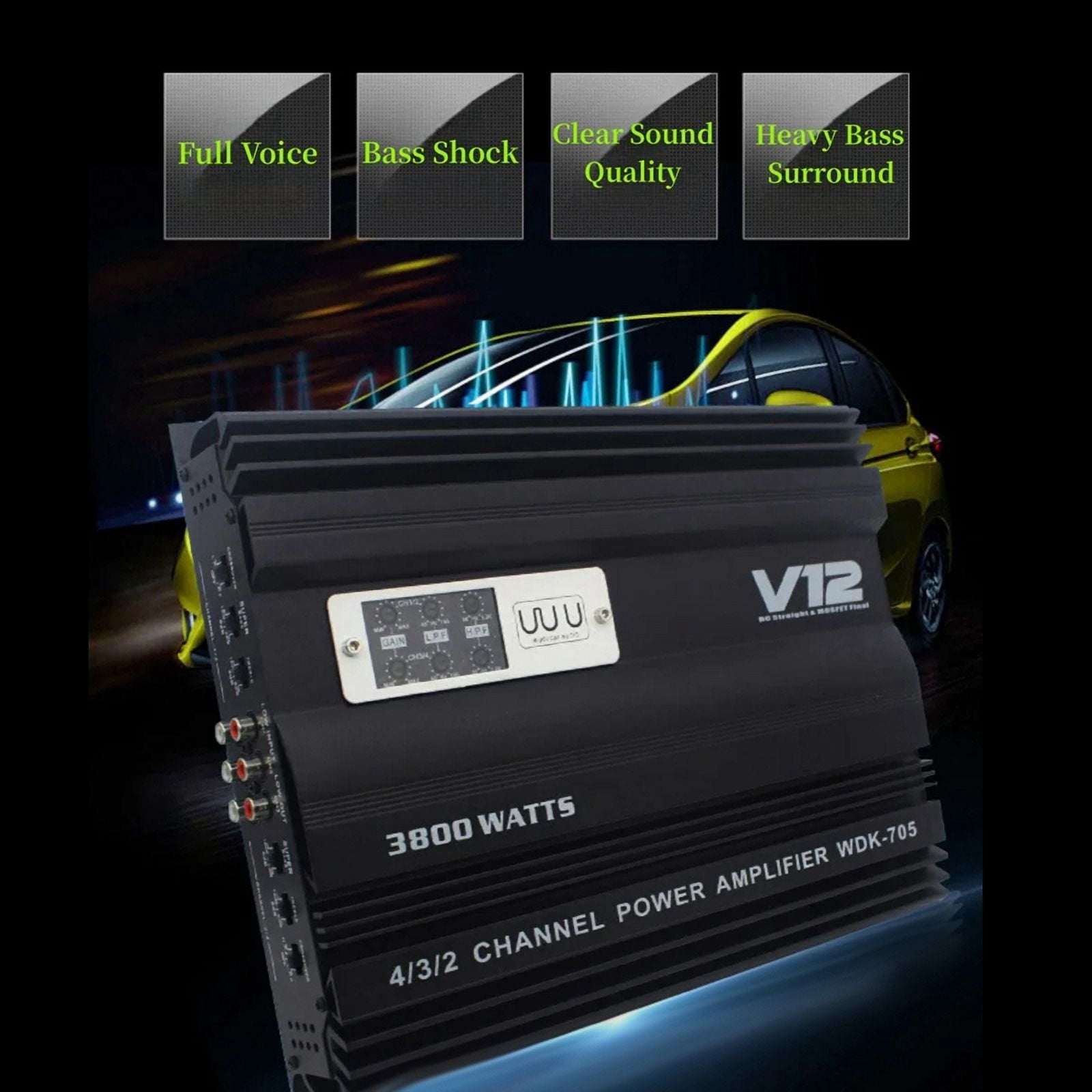12V 3800W Car Audio Amplifier High Power Dual Bass Output Cart 4 Channel Audio Speaker Subwoofer Amplifier