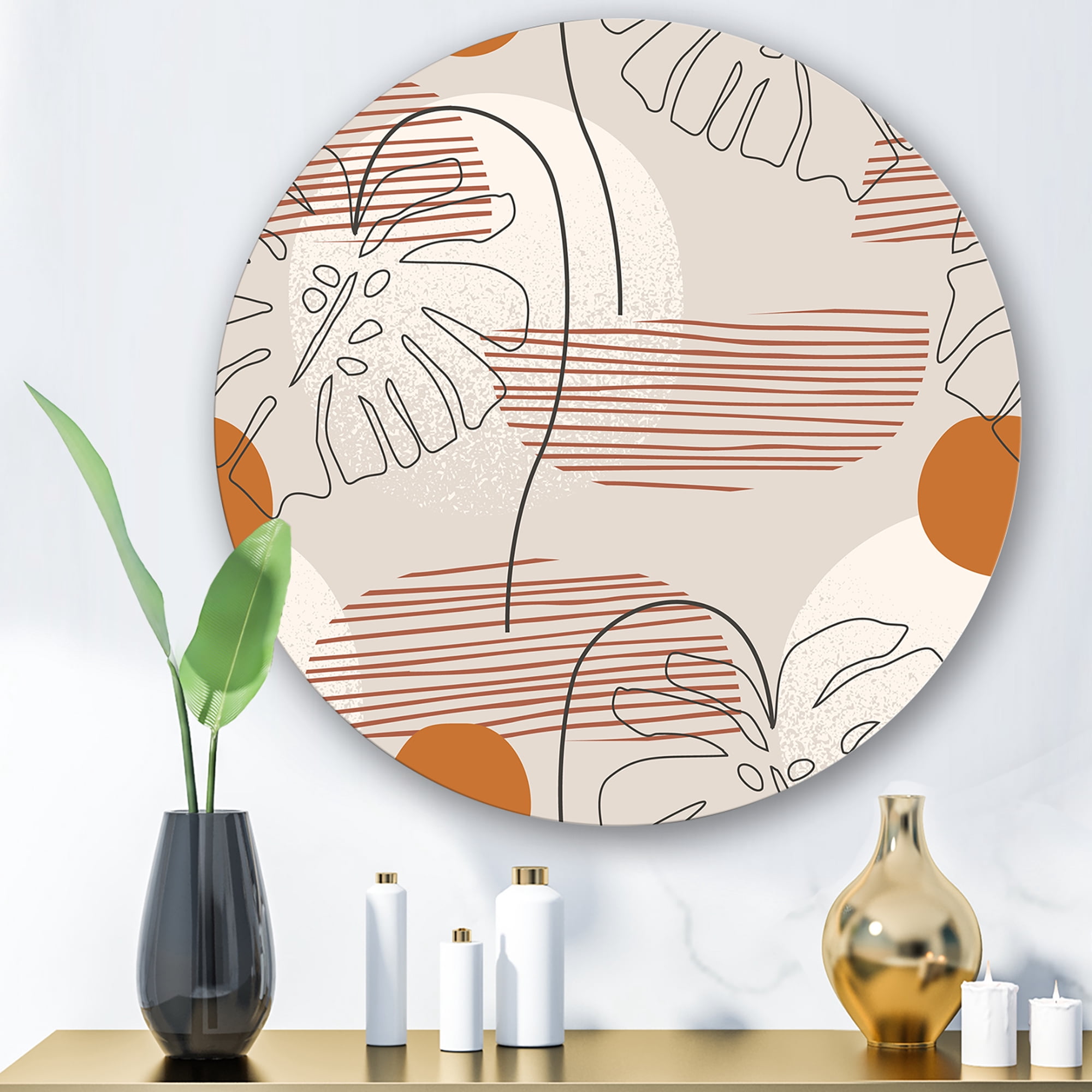 Designart 'Abstract Monstera Leaf and One Line Art Shapes' Modern Circle Metal Wall Art 11x11 - Disc of 11