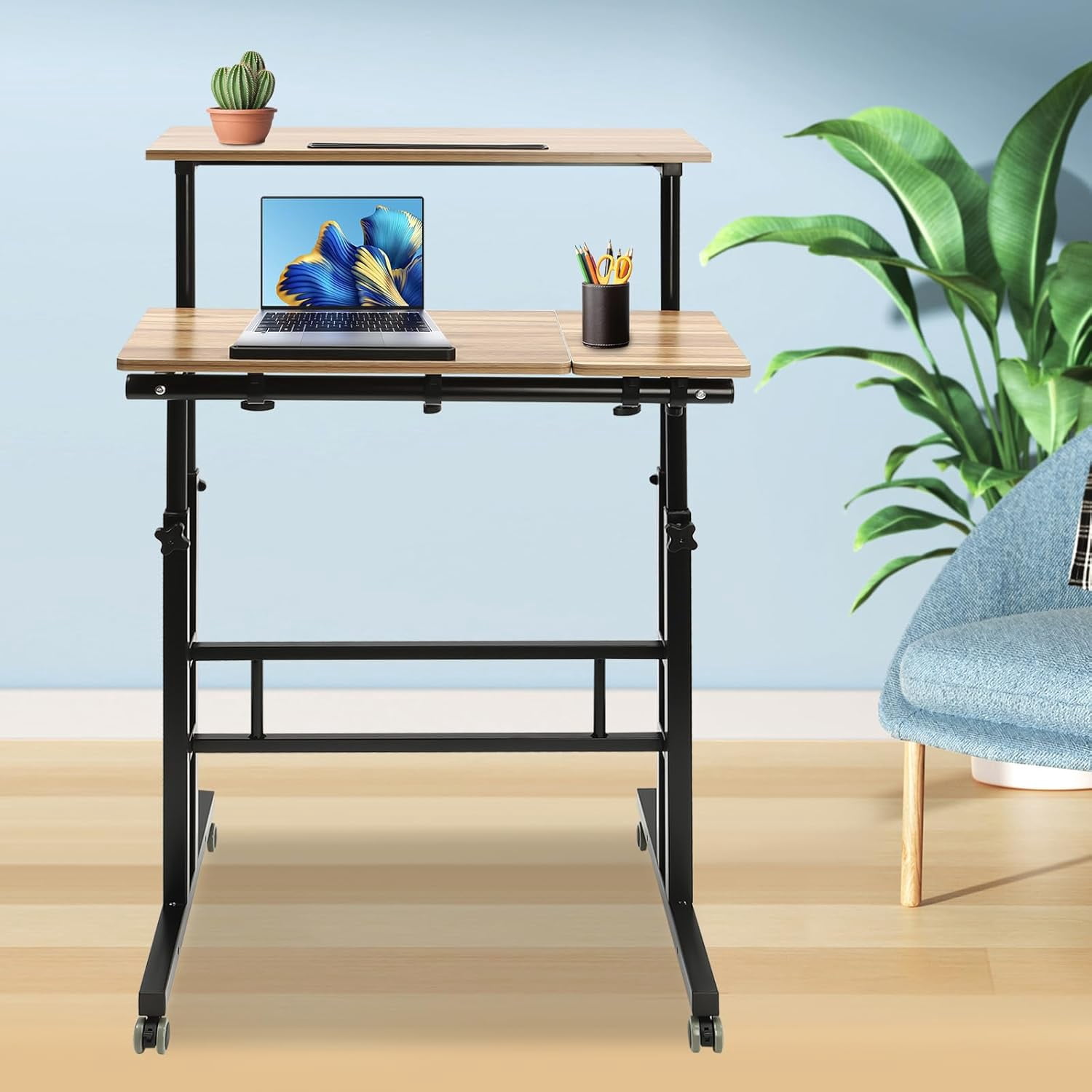 Mobile Stand Up Desk Adjustable Laptop Desk with Wheels Storage Rolling Table Cart for Standing or Sitting, for Home Office Workstation, Iron-Brown, 28.5-49.5in