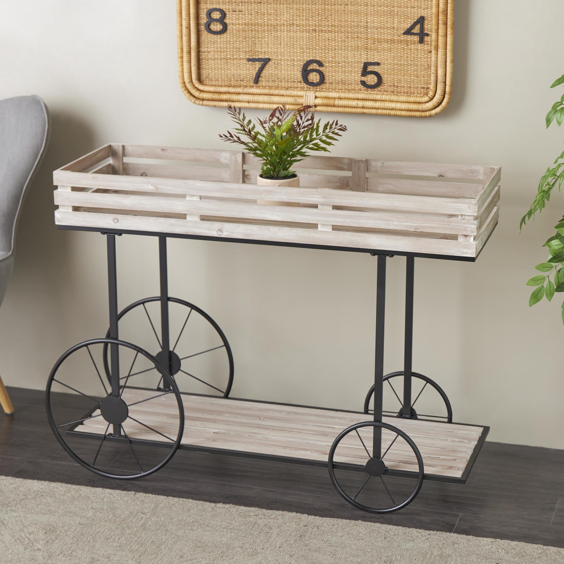 DecMode 45" x 15" x 33" 1 Shelf Cream Wood Wheelbarrow Plantstand